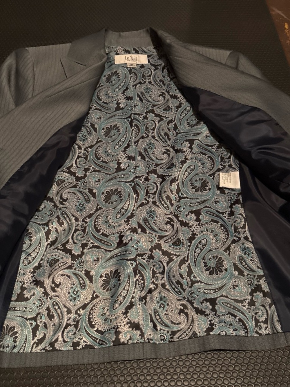 Le Suit Pinstripe Blazer with Teal Paisley Lining